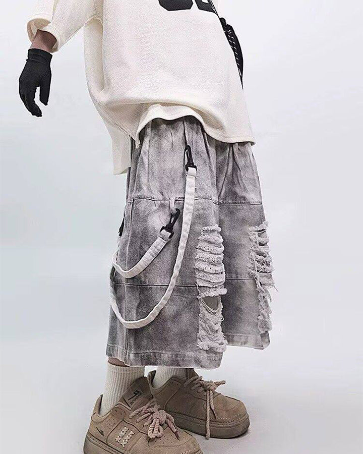 Vintage Distressed Loose Denim Cargo Shorts