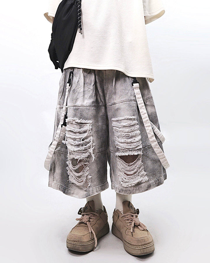 Vintage Distressed Loose Denim Cargo Shorts