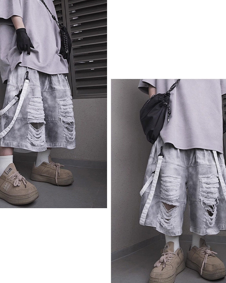 Vintage Distressed Loose Denim Cargo Shorts