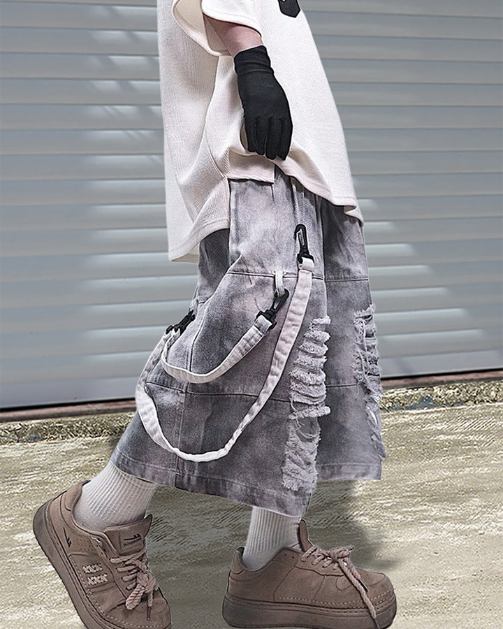 Vintage Distressed Loose Denim Cargo Shorts