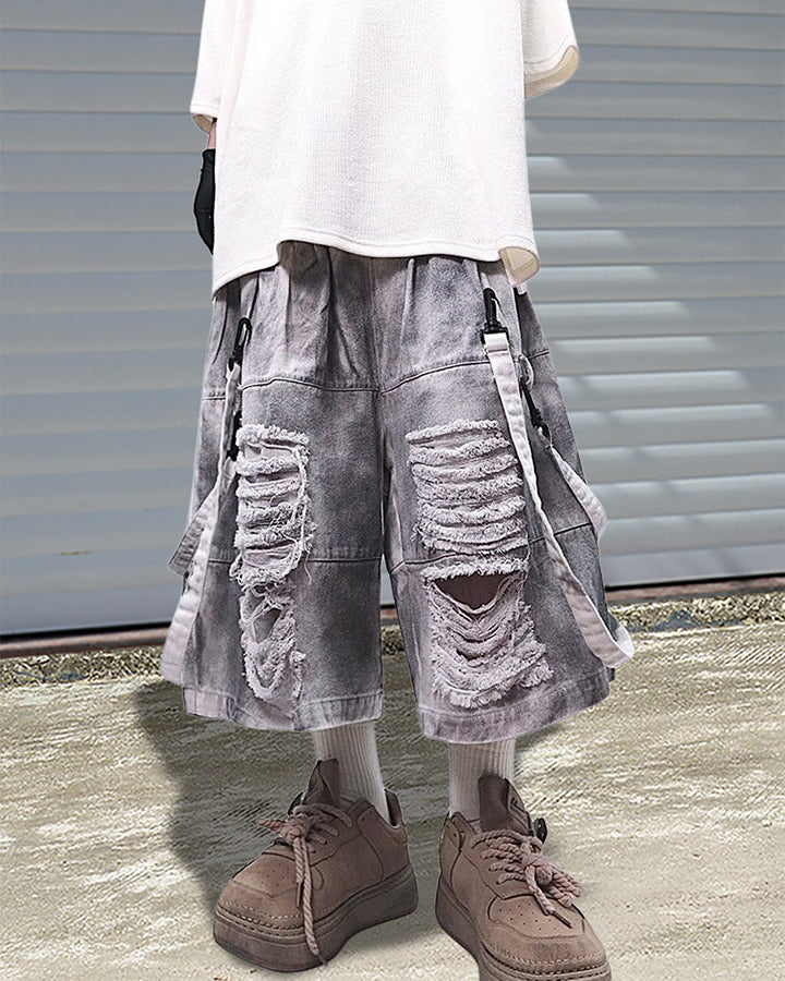 Vintage Distressed Loose Denim Cargo Shorts