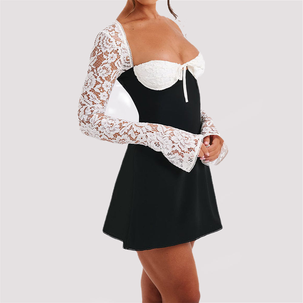 Y2K  Lace Long Sleeve Dress Fashion Sexy Corset Backless Lace Up Short