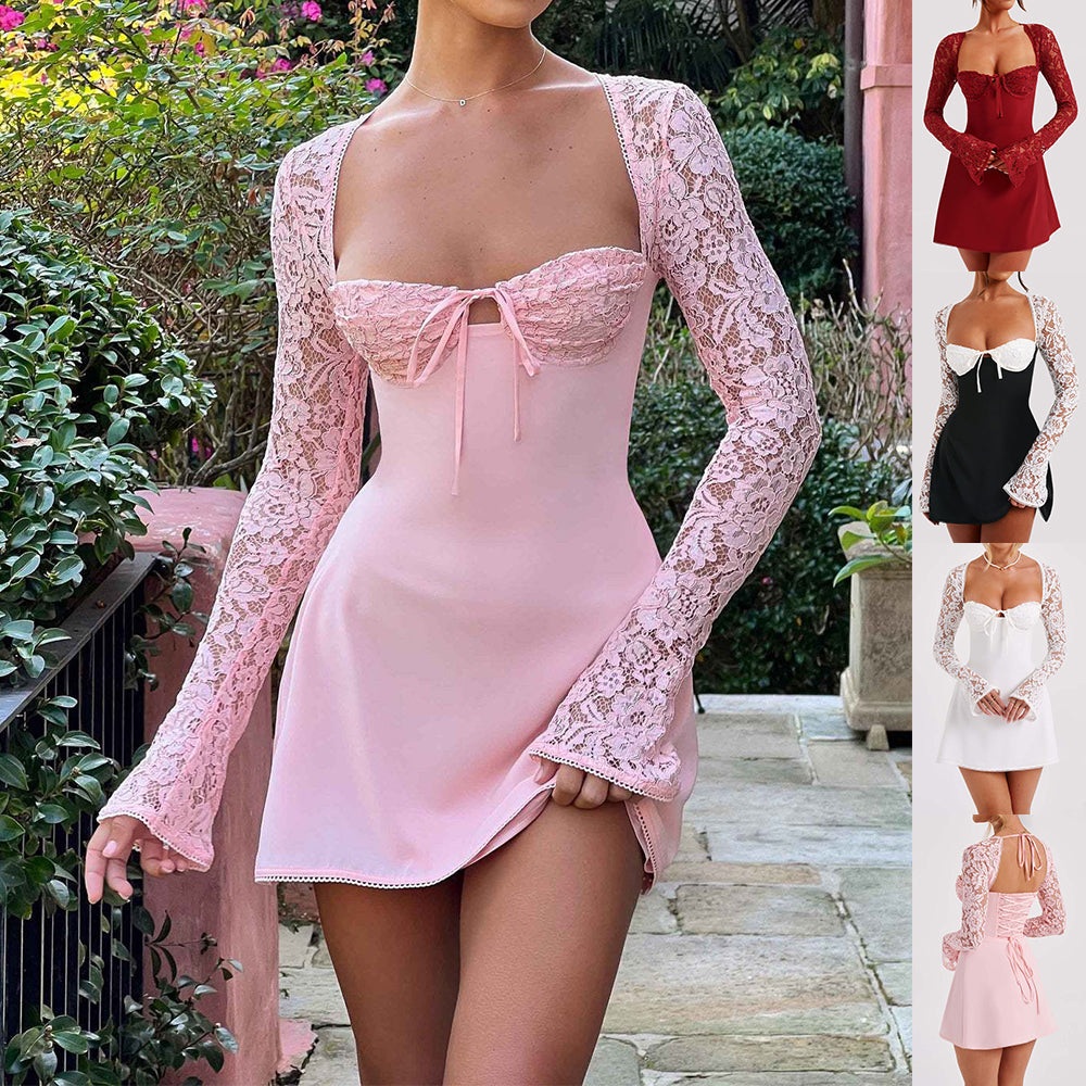 Y2K  Lace Long Sleeve Dress Fashion Sexy Corset Backless Lace Up Short