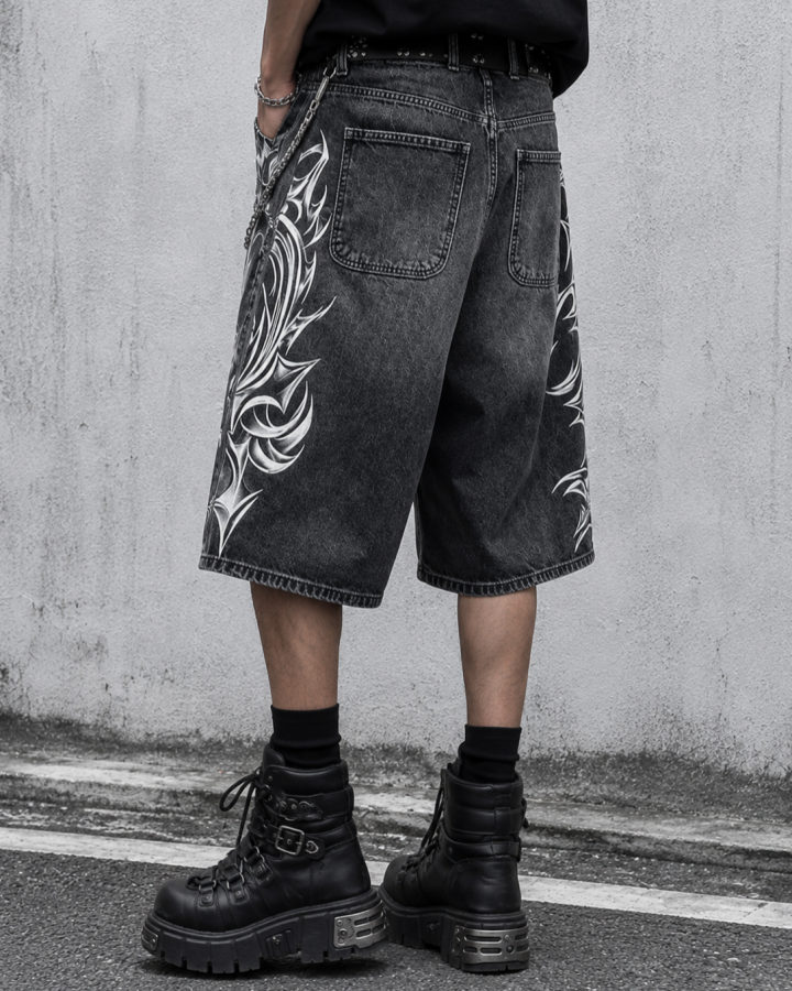 American Vintage Washed Tribal Print Denim Shorts