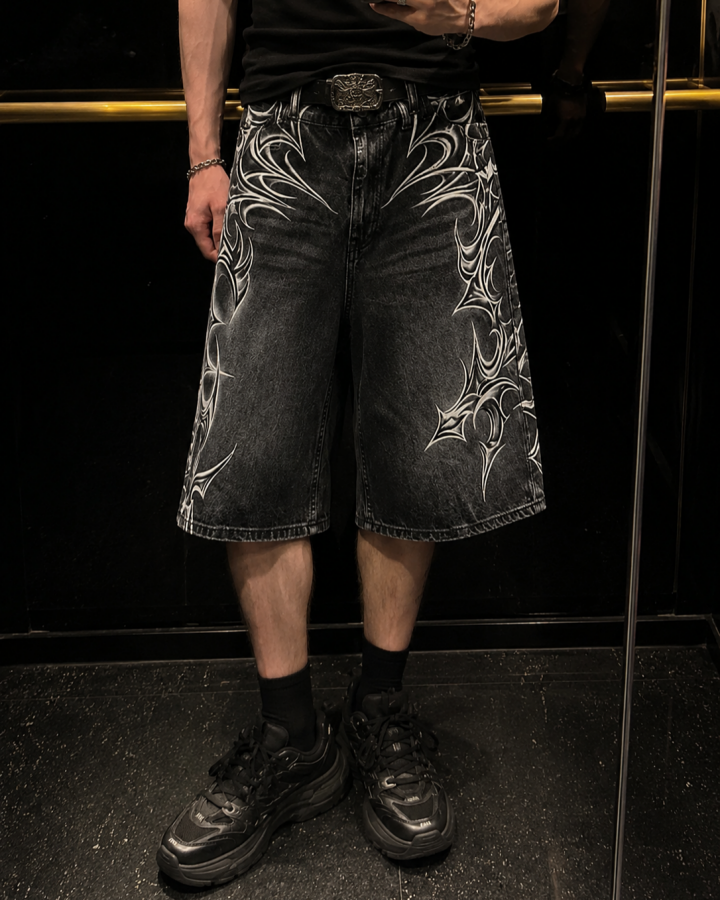 American Vintage Washed Tribal Print Denim Shorts
