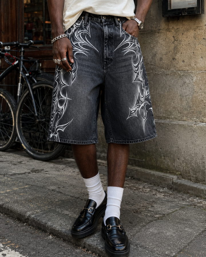 American Vintage Washed Tribal Print Denim Shorts