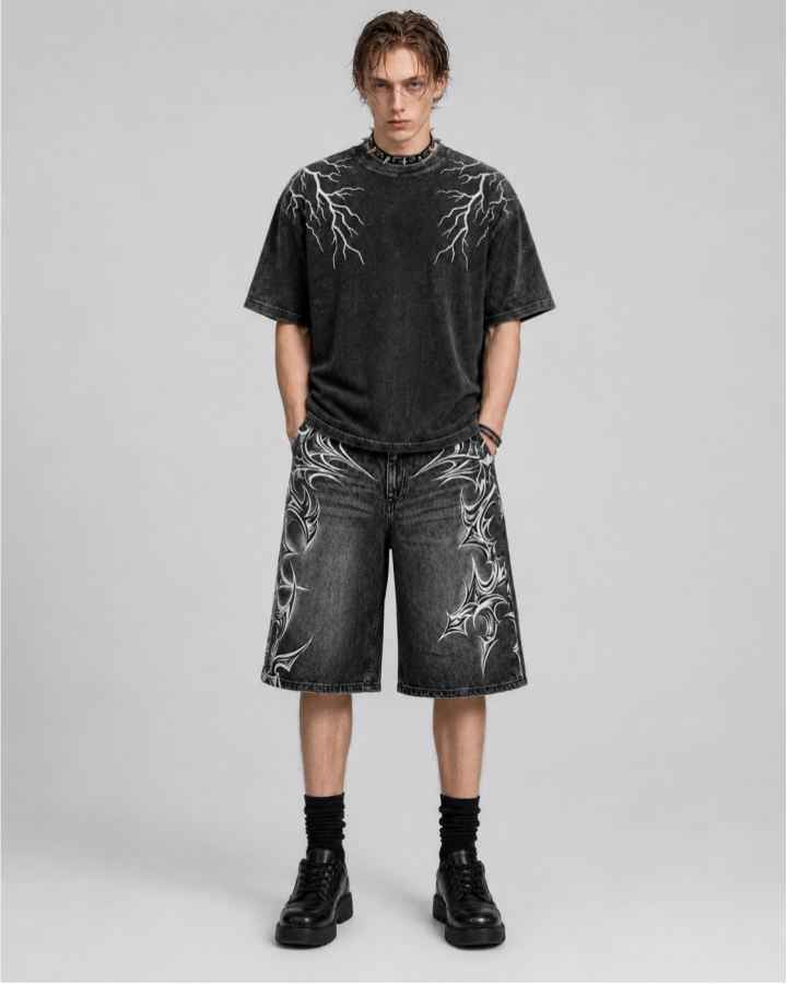 American Vintage Washed Tribal Print Denim Shorts