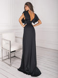 Elegant Open back maxi black dress for wedding guests
