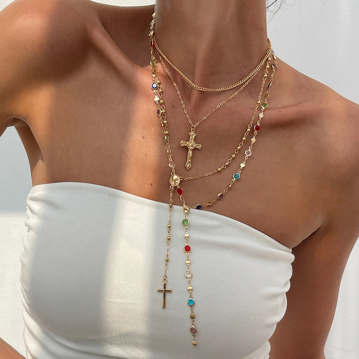 Luxury Rhinestone Cross Pendant Necklace Set for Women Vintage Simple
