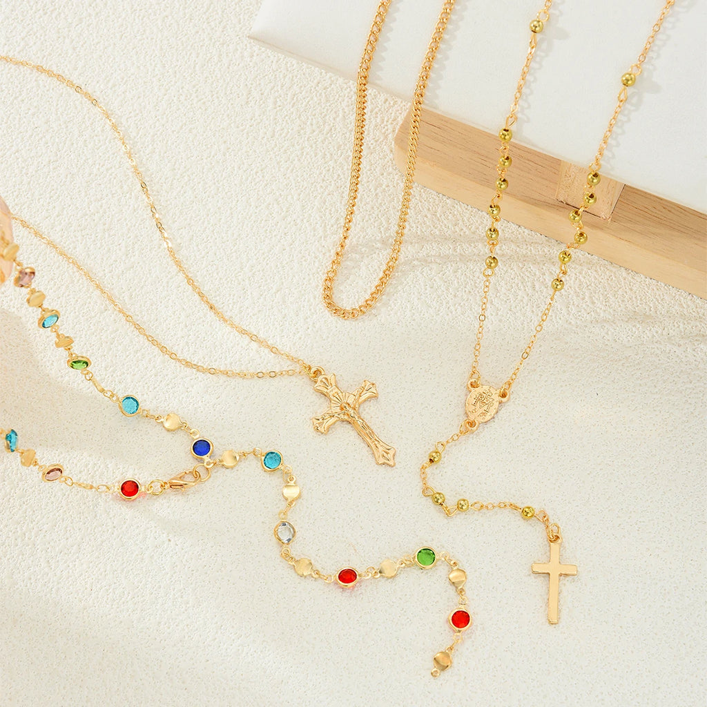 Luxury Rhinestone Cross Pendant Necklace Set for Women Vintage Simple