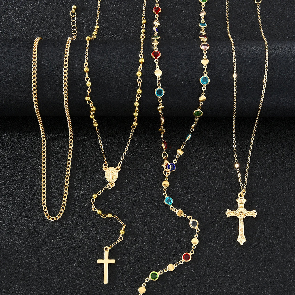 Luxury Rhinestone Cross Pendant Necklace Set for Women Vintage Simple