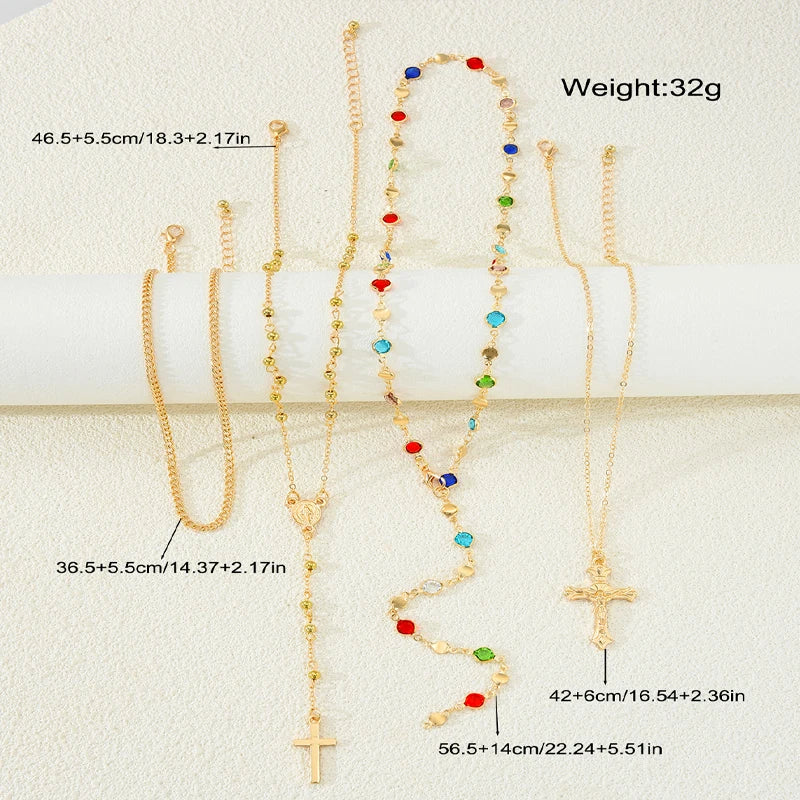 Luxury Rhinestone Cross Pendant Necklace Set for Women Vintage Simple