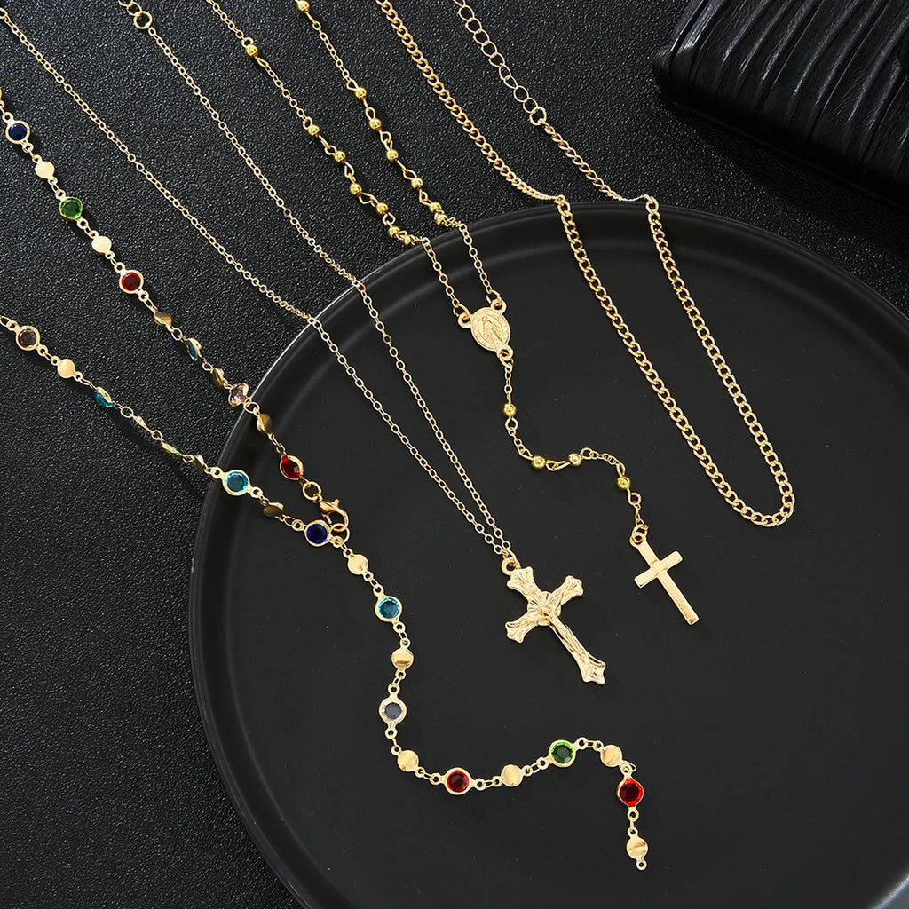Luxury Rhinestone Cross Pendant Necklace Set for Women Vintage Simple