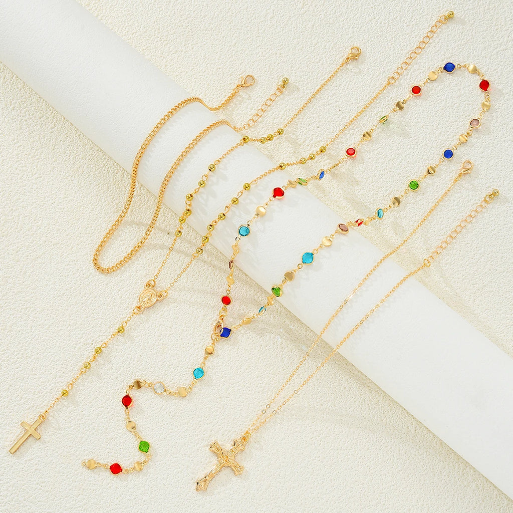 Luxury Rhinestone Cross Pendant Necklace Set for Women Vintage Simple